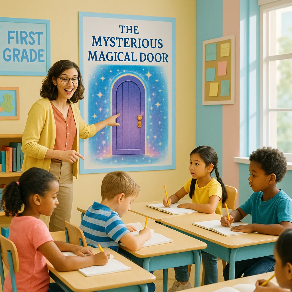 A bright, cheerful first-grade classroom scene a young female teacher (resembling the persona) excitedly pointing to a large, colorful poster on the wall displaying a mysterious magical door