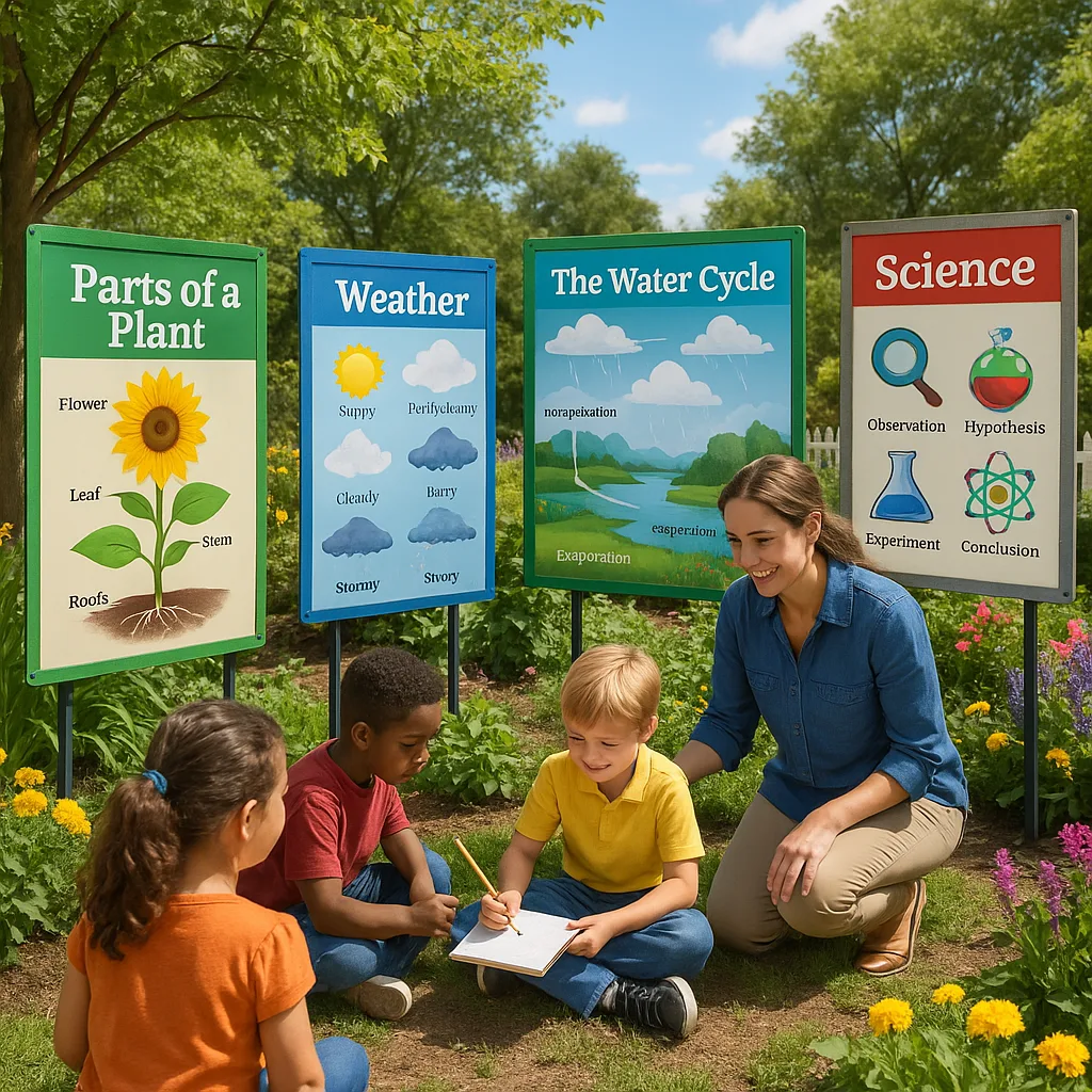 A outdoor classroom scene weather-resistant educational posters displayed in a garden learning area. Multiple colorful posters about plants, weather, and science are mounted on stands and fences.