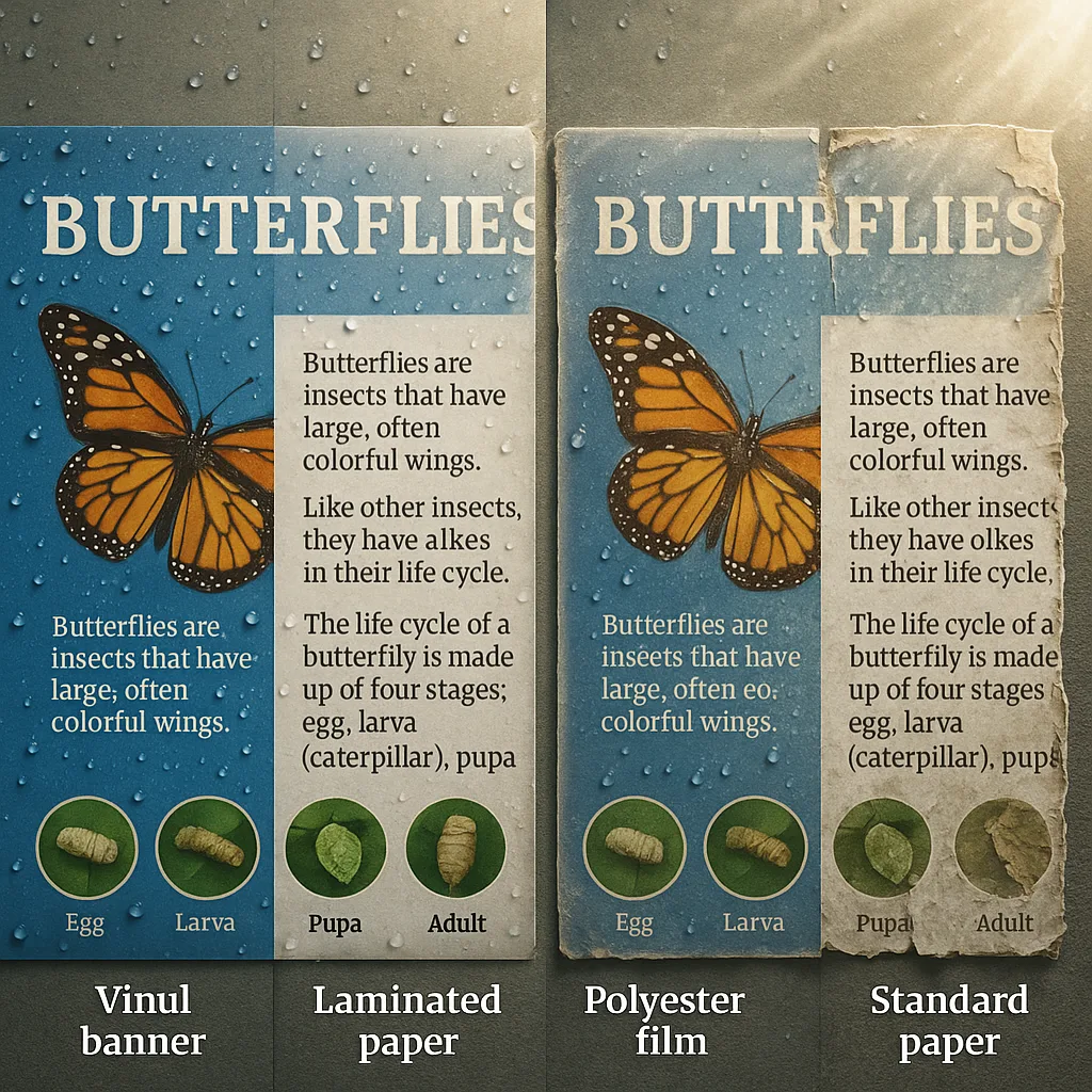 Close-up comparison shot four different poster materials side by side after weather exposure. From left to right: pristine vinyl banner, slightly weathered laminated paper, polyester film minor