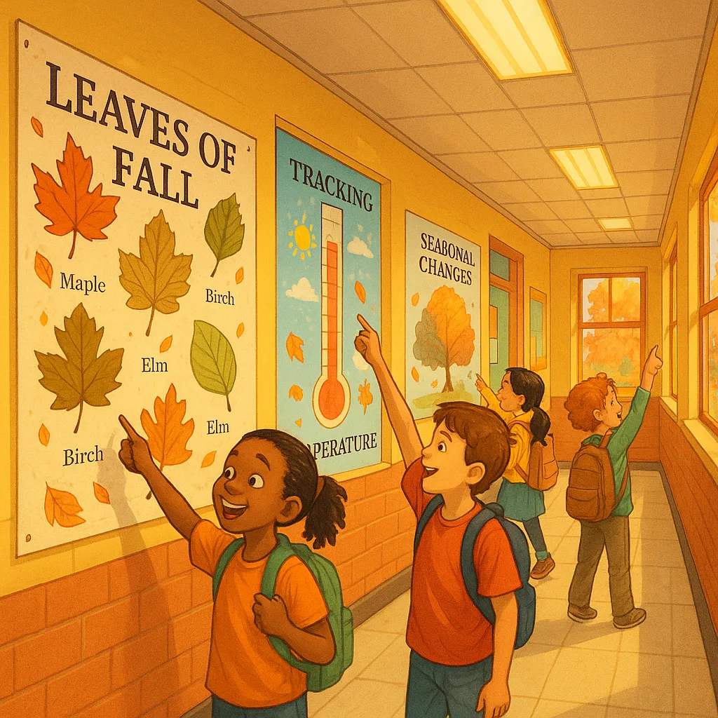 A bright, colorful elementary school hallway in autumn walls covered in educational posters about fall leaves, weather patterns, and seasonal changes. Show diverse students pointing excitedly at