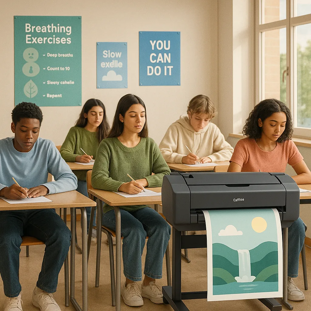 A serene classroom environment during testing, soft natural lighting streaming through windows. Show calming blue and green posters on the walls breathing exercises and positive affirmations.