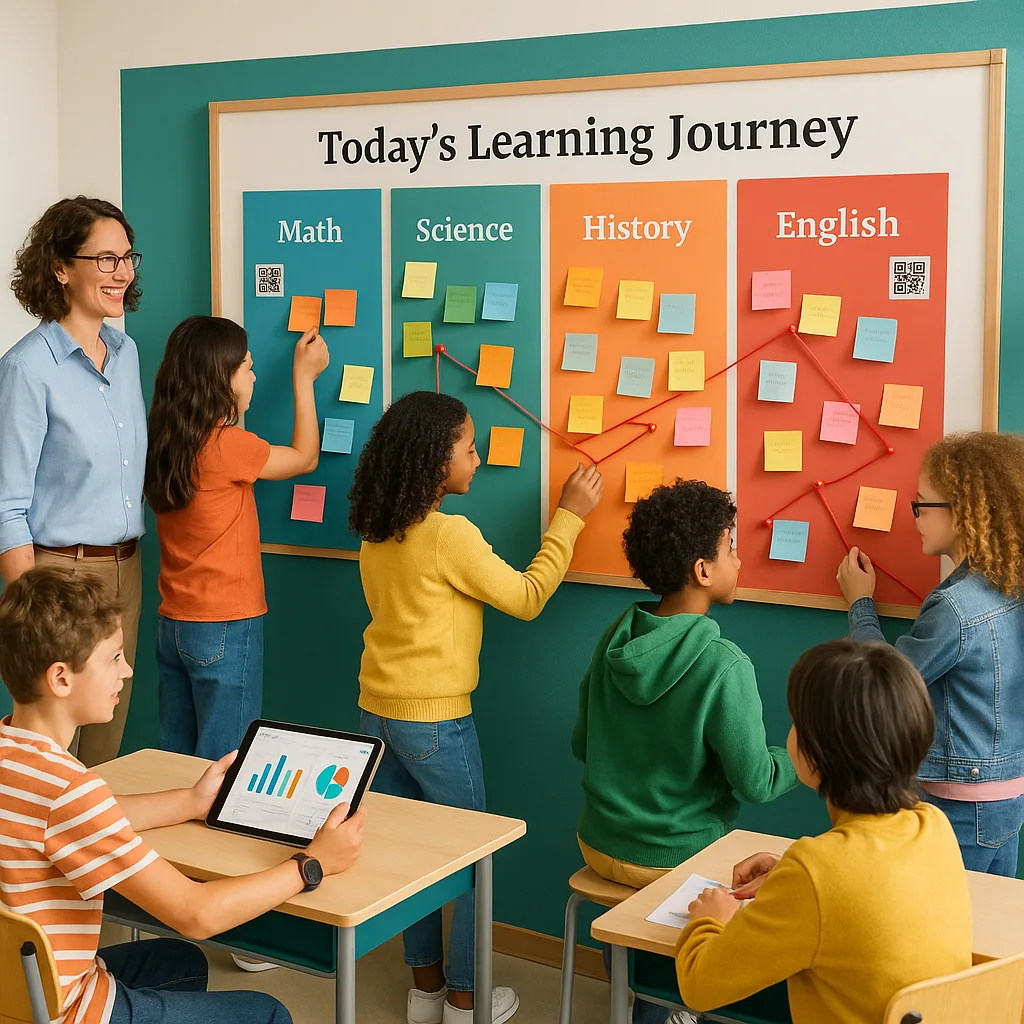 A vibrant, classroom scene a teacher and diverse group of middle school students gathered around a large, colorful wall display labeled "Today's Learning Journey" multiple sections for different