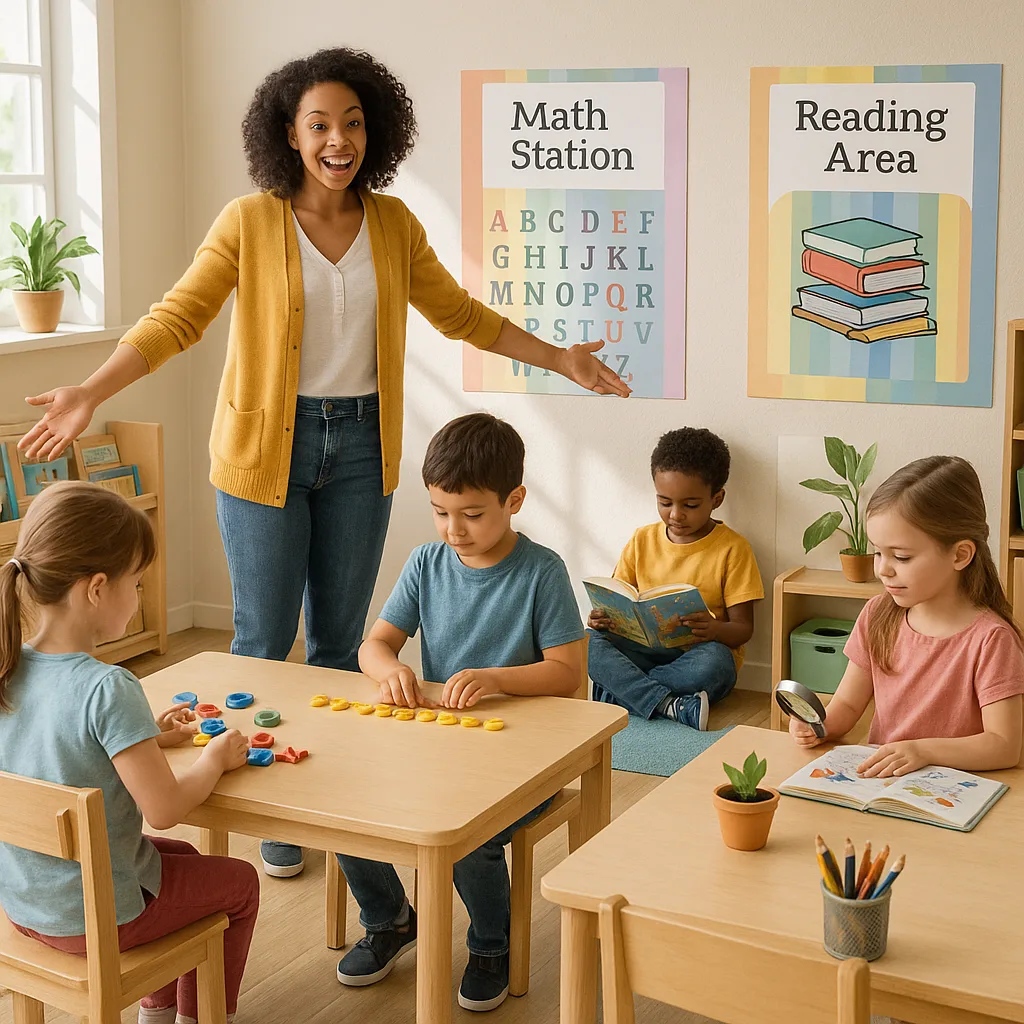 A bright, cheerful classroom scene a first-grade teacher enthusiastically gesturing toward colorful learning stations. The classroom should have 5 distinct areas educational posters at child