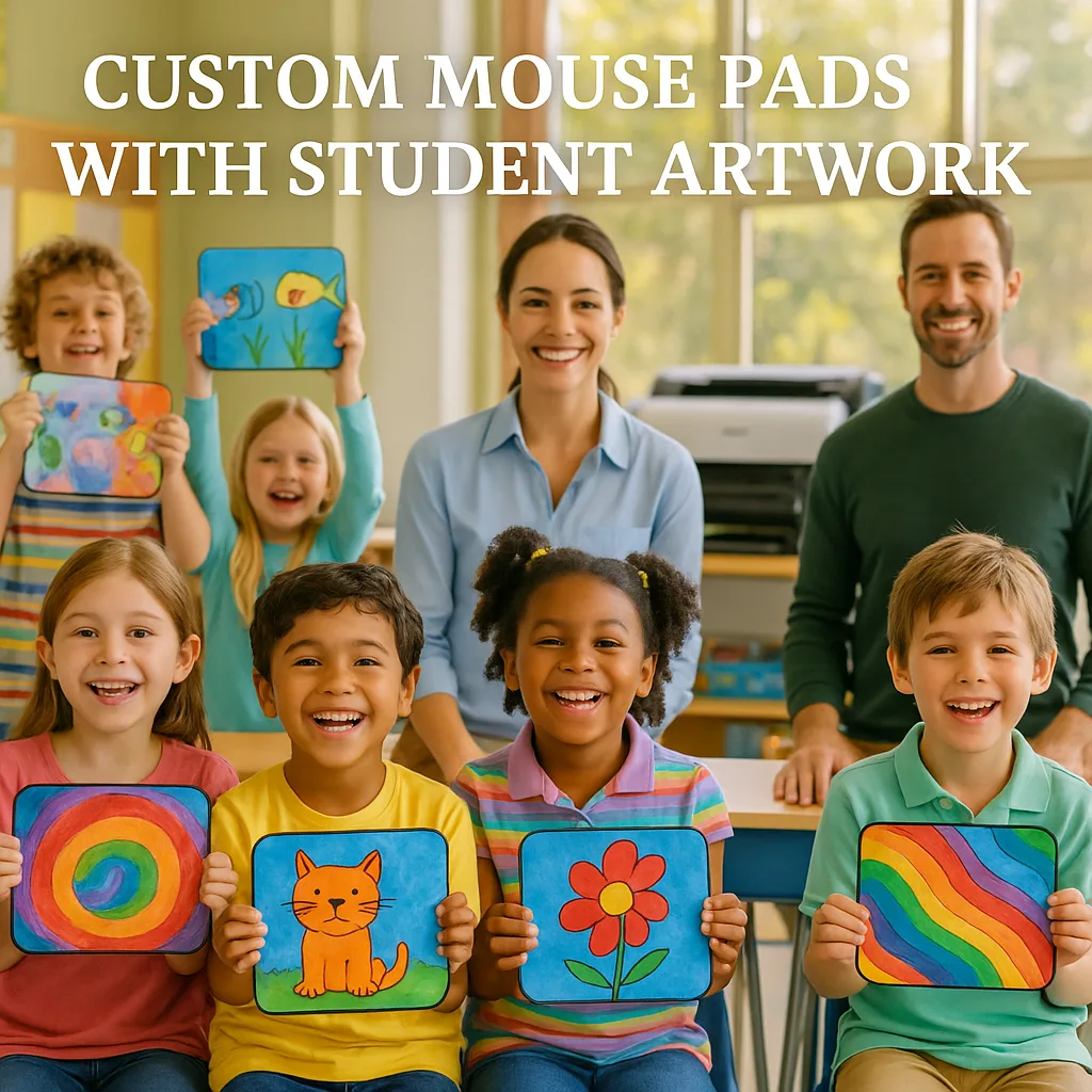 A bright, classroom scene excited elementary students holding up colorful custom mouse pads their own artwork. In the background, a poster maker machine (Canon or HP style wide-format printer) is