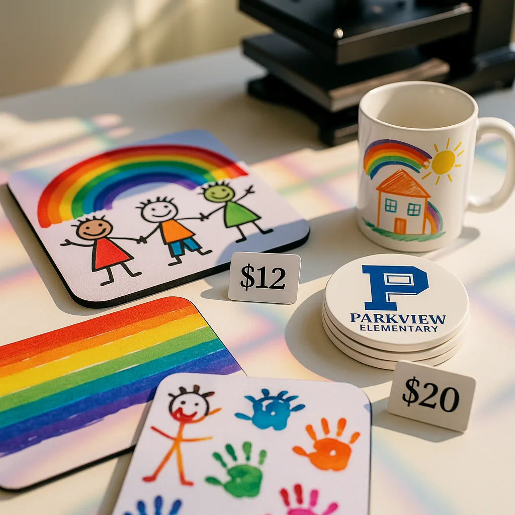 A close-up product shot of a collection of finished sublimation products arranged on a white table – several mouse pads student artwork (stick figures, rainbows, handprints), ceramic coasters A close-up product shot of a collection of finished sublimation products arranged on a white table - several mouse pads student artwork (stick figures, rainbows, handprints), ceramic coasters