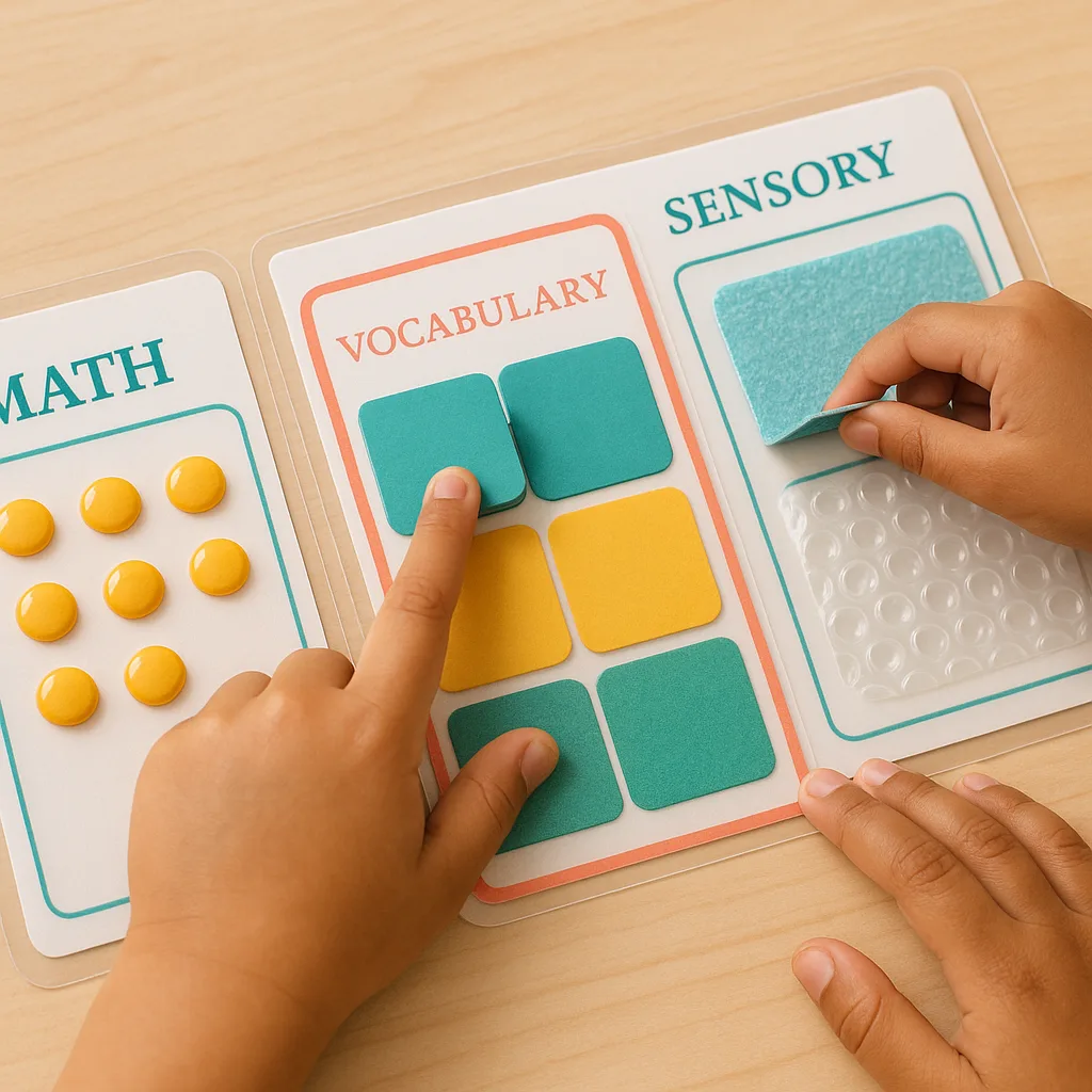 Close-up shot of hands-on learning materials three different laminated projects: a math manipulative raised dots for counting, a vocabulary board colorful lift-the-flap elements, and a textured Close-up shot of hands-on learning materials three different laminated projects: a math manipulative raised dots for counting, a vocabulary board colorful lift-the-flap elements, and a textured