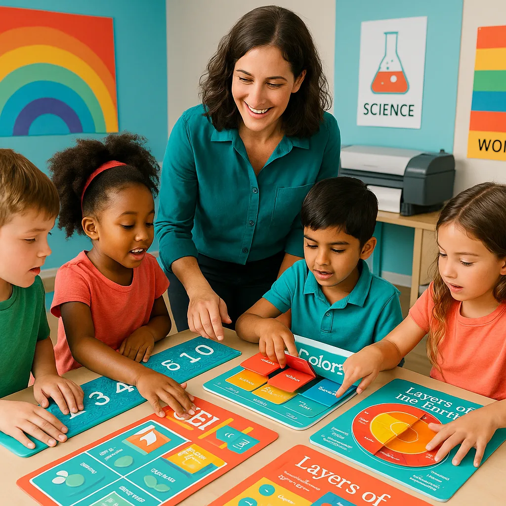 A vibrant, classroom scene a teacher and diverse group of elementary students gathered around a table covered colorful laminated learning materials. The materials should show various textures -
