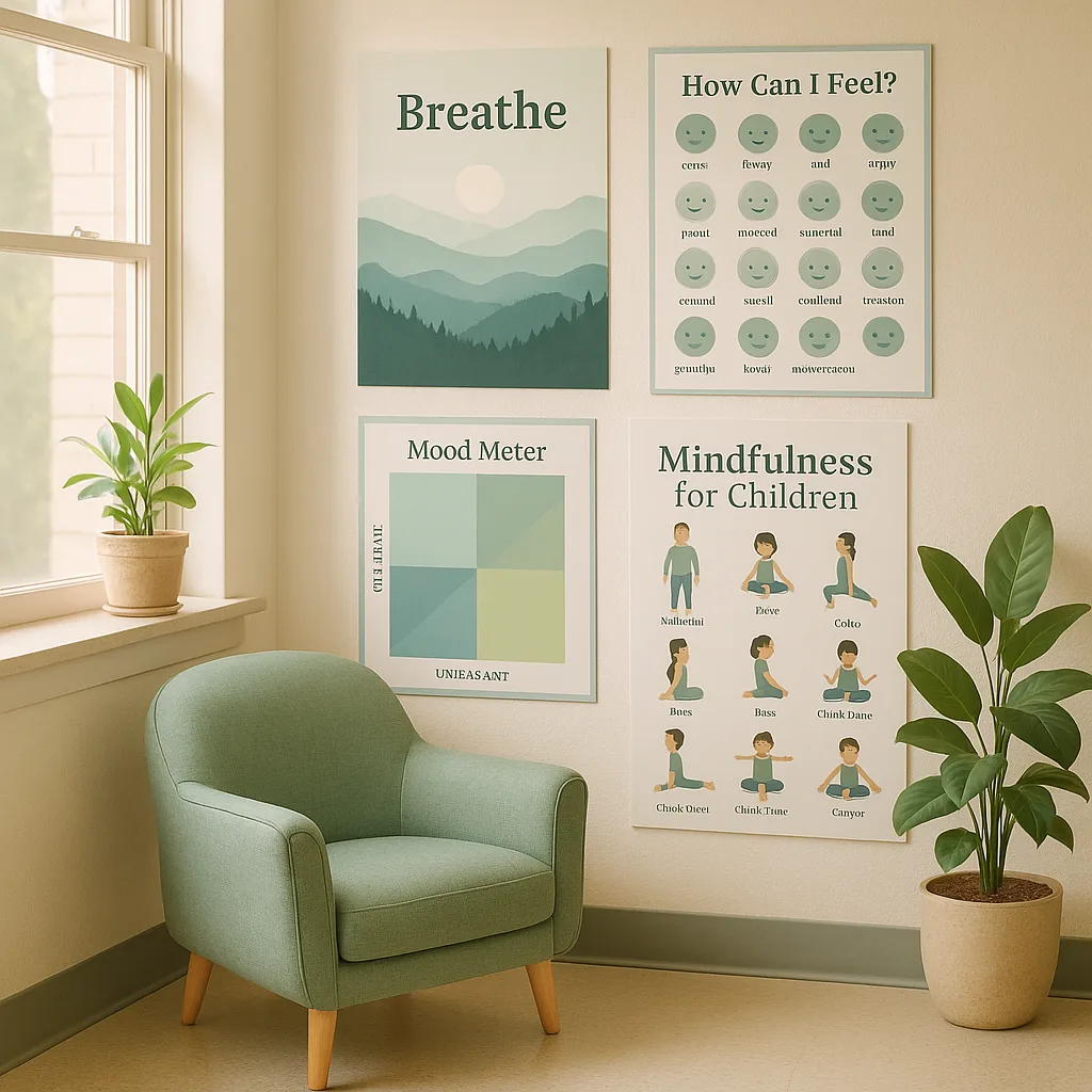A serene classroom corner a comfortable reading chair in soft sage green, surrounded by calming nature-themed posters a "Breathe" reminder mountain scenery, emotion regulation charts soothing blue