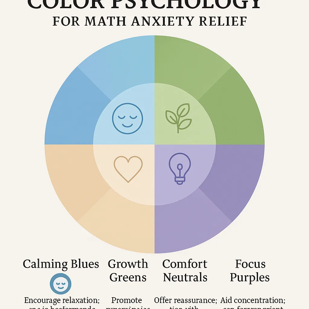 A color psychology chart specifically for math anxiety relief. Show a circular color wheel divided into sections soft gradients. Each section labeled colors like “Calming Blues,” “Growth Greens,” Calming math reference poster with soft colors
