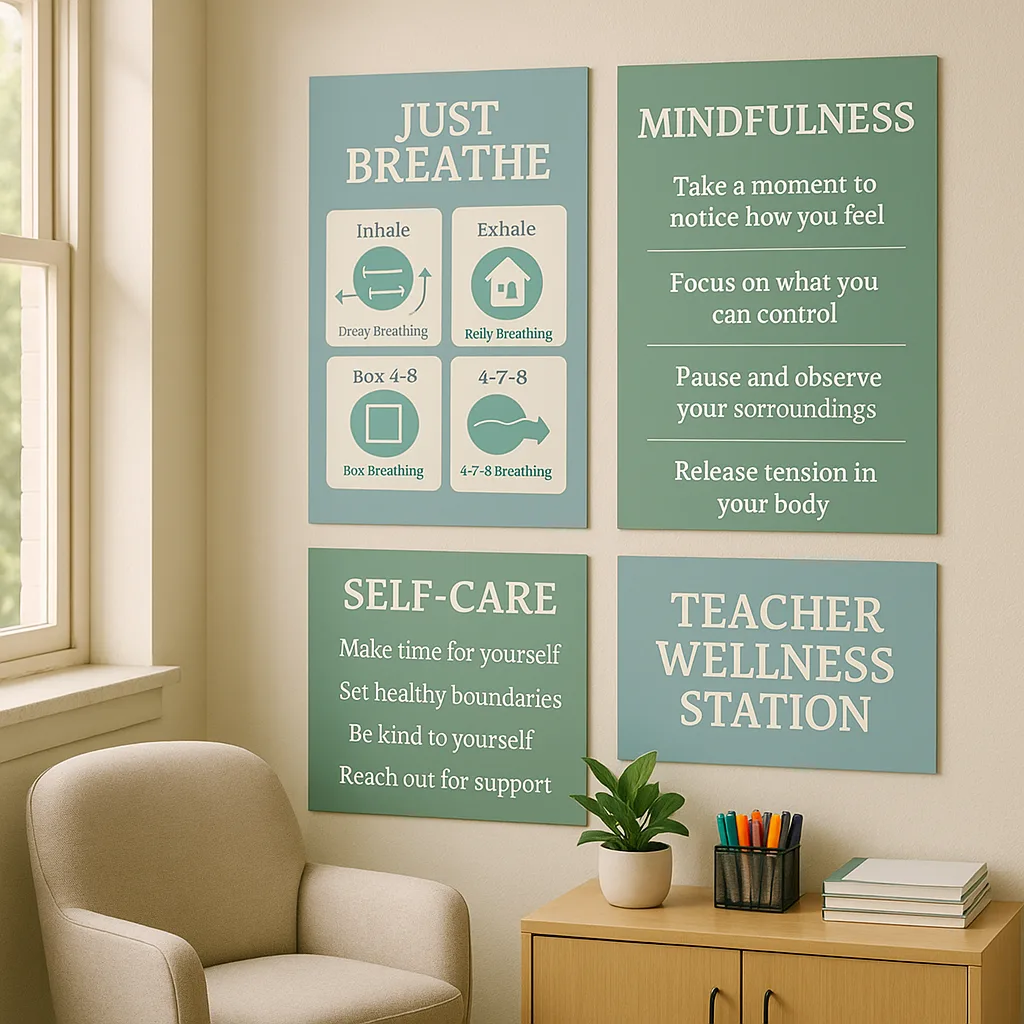 A serene classroom corner a dedicated teacher wellness station calming sage green and soft blue visual posters displayed on the wall, breathing technique guides, mindfulness prompts, and self-care