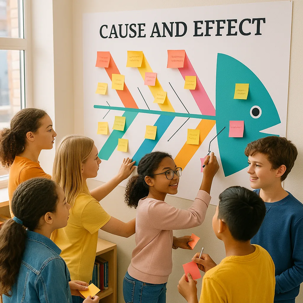 A vibrant, classroom scene a diverse group of middle school students (ages 11-14) gathered around a massive colorful thinking map poster on the wall. The poster should be at least 4 feet wide a