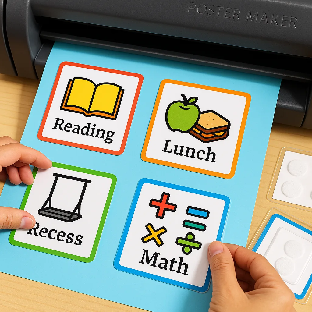 Design a close-up image of visual schedule cards being created on a poster maker machine. Show hands arranging colorful picture cards symbols for different activities (reading, lunch, recess,