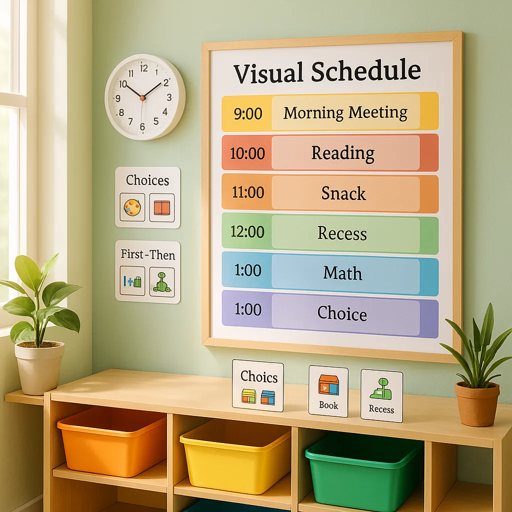 A bright, calming hero image for a blog post about neurodivergent-friendly visual schedules. Show a warm, organized classroom corner a large, colorful visual schedule board mounted on a soft green