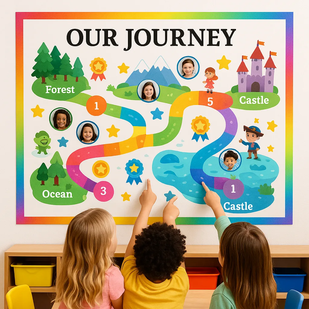 A bright, cheerful classroom wall a large, colorful journey map poster created a poster maker machine. The map shows a winding path through various themed lands (forest, mountains, ocean, castle)
