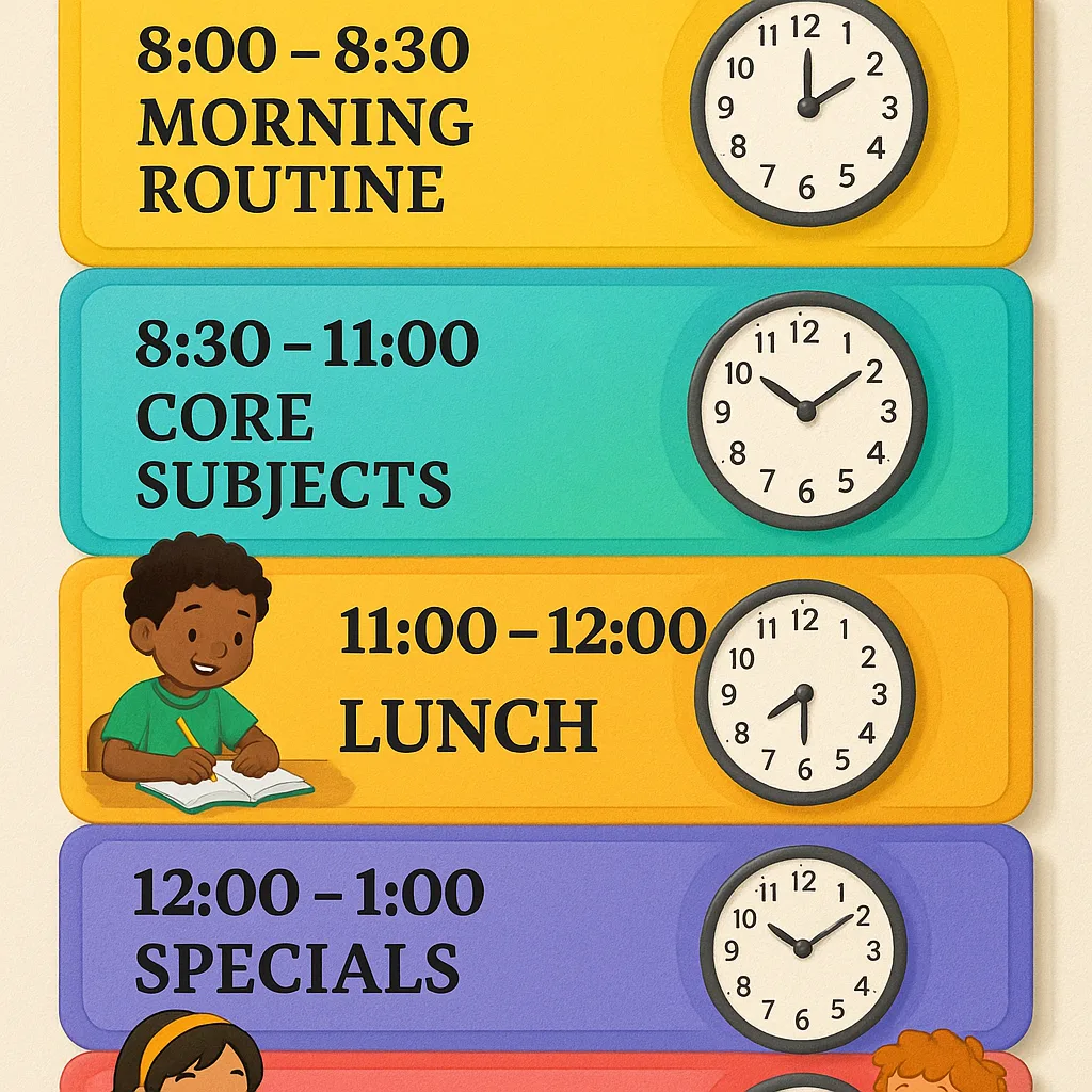 Close-up of a visual schedule poster a school day broken into color-coded time blocks. Each block has icons and simple text in Merriweather font. Include morning routine (yellow), core subjects Close-up of a visual schedule poster a school day broken into color-coded time blocks. Each block has icons and simple text in Merriweather font. Include morning routine (yellow), core subjects