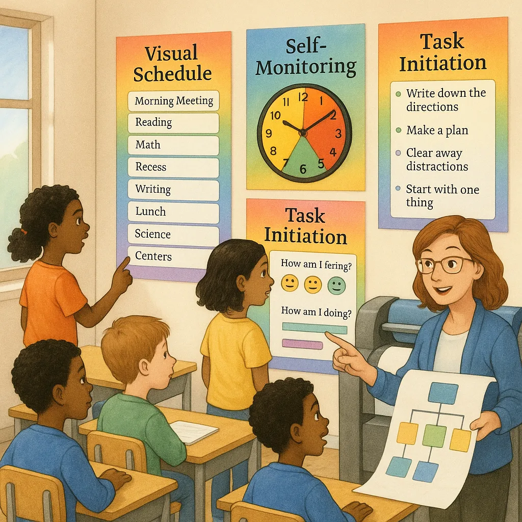 A bright, organized classroom colorful executive function support posters on the walls. Include a visual schedule, time management clock display, self-monitoring charts, and task initiation