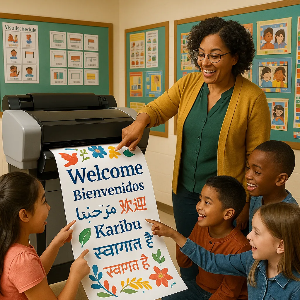 A classroom scene a diverse teacher using a large poster maker machine to create multilingual welcome posters. The poster being printed shows "Welcome" in multiple languages colorful graphics. ELL