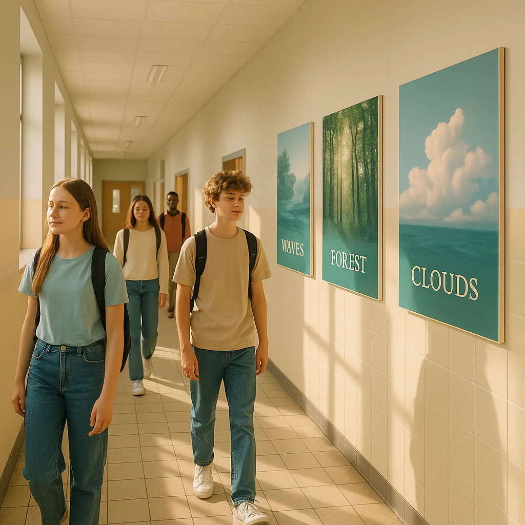A serene school hallway soft natural lighting, calming blue-green wall posters displaying nature scenes (ocean waves, forest canopy, clouds). Students walk peacefully through the space, appearing