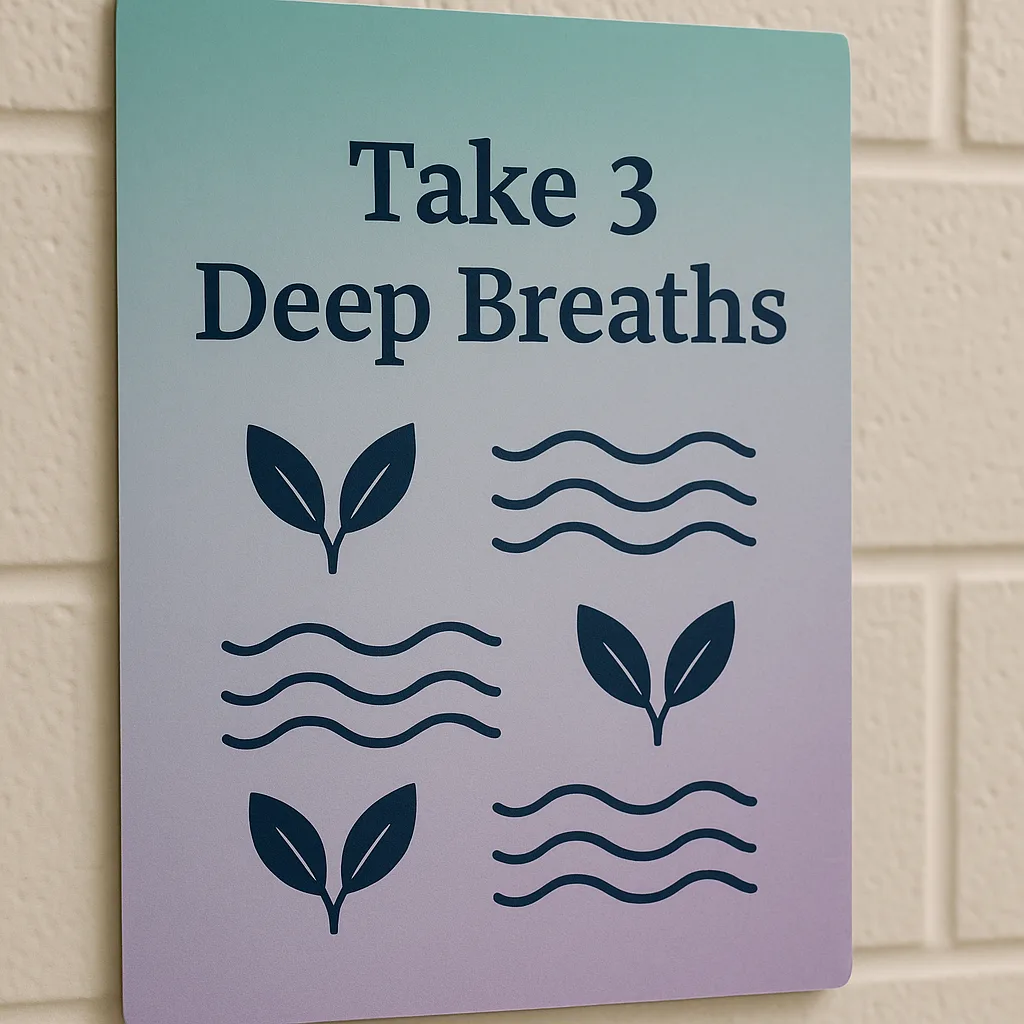 Close-up view of a calming transition poster a gradient background transitioning from soft teal to lavender. The poster displays a simple breathing exercise nature-inspired graphics (leaves, Close-up view of a calming transition poster a gradient background transitioning from soft teal to lavender. The poster displays a simple breathing exercise nature-inspired graphics (leaves,