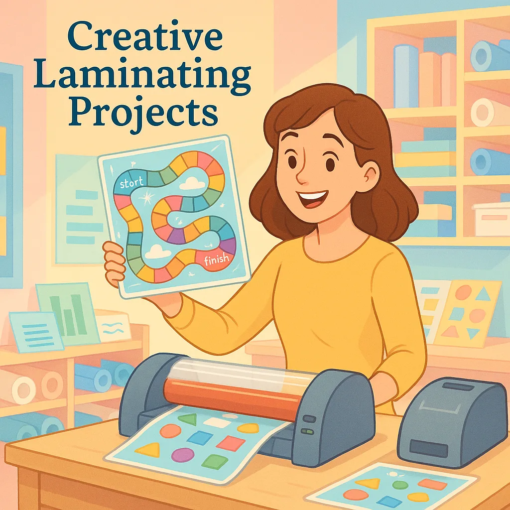 A bright, cheerful classroom scene a young female teacher (Sarah) enthusiastically working at a laminating station next to a large format poster printer. She's holding up a colorful laminated math