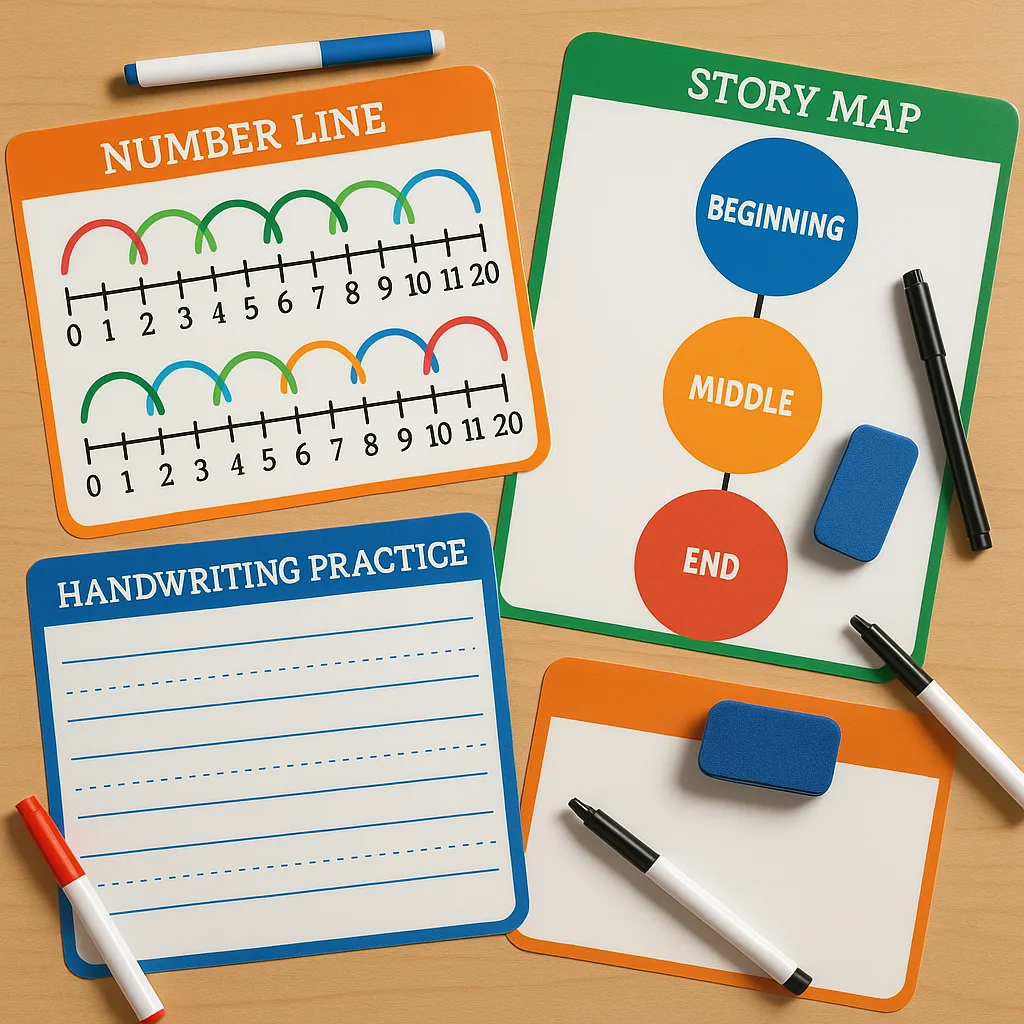 A flat lay photograph various laminated dry-erase activity mats spread across a classroom table. Include a number line mat colorful skip counting marks, a handwriting practice sheet dotted lines, A flat lay photograph various laminated dry-erase activity mats spread across a classroom table. Include a number line mat colorful skip counting marks, a handwriting practice sheet dotted lines,