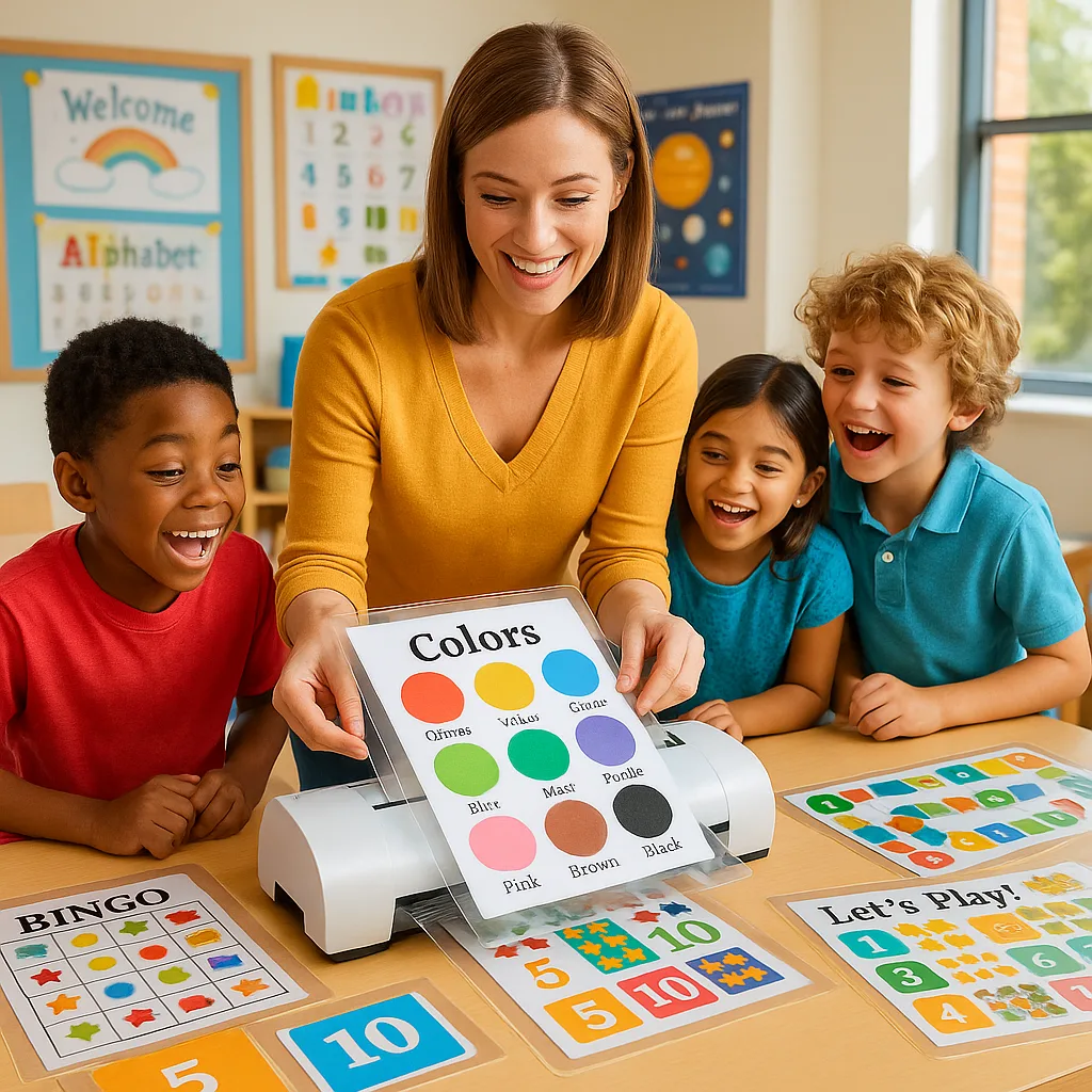 A vibrant, well-lit classroom scene a teacher and three diverse elementary students gathered around a laminating machine on a table. The teacher is feeding a colorful educational poster into the