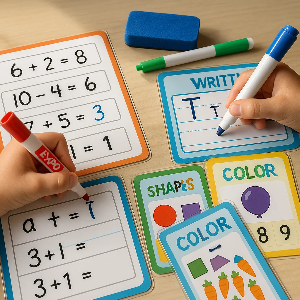 A close-up photograph hands using dry-erase markers on various laminated learning materials spread across a desk. Include laminated math worksheets visible equations being solved, a laminated A close-up photograph hands using dry-erase markers on various laminated learning materials spread across a desk. Include laminated math worksheets visible equations being solved, a laminated