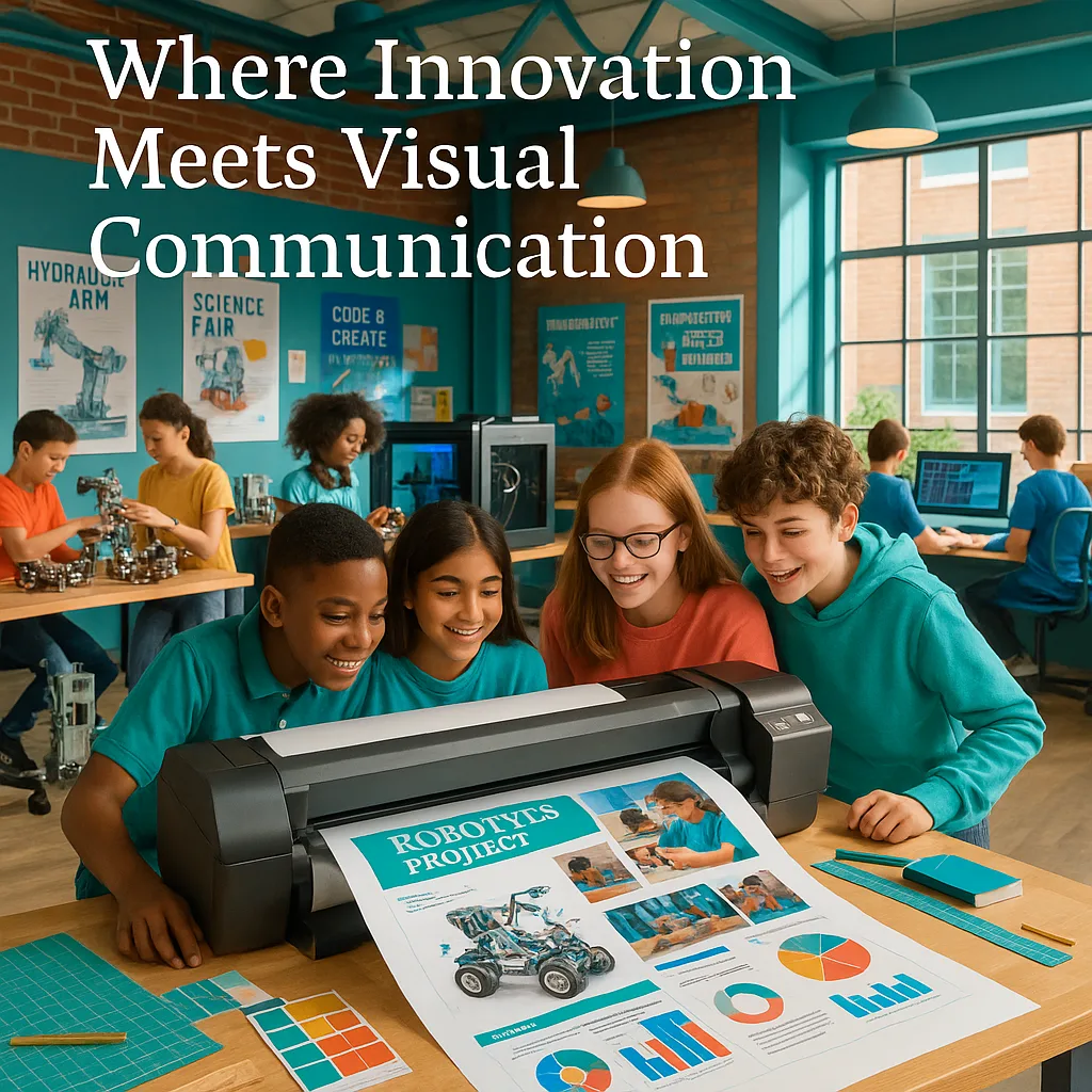 A vibrant, middle school maker space students actively working on STEAM projects. In the foreground, a diverse group of 7th graders are gathered around a large-format poster maker printer (similar