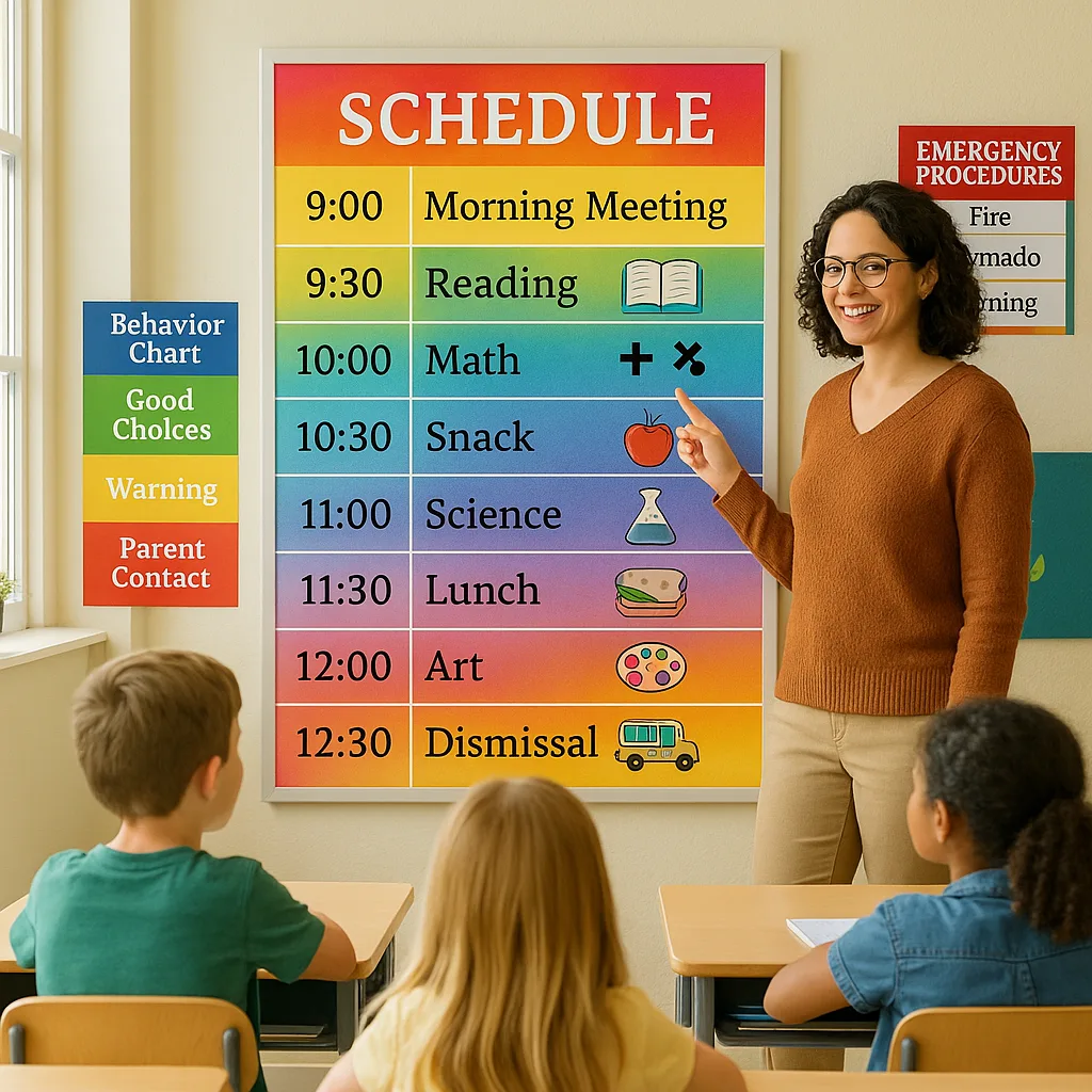 A bright, well-organized elementary classroom a substitute teacher confidently pointing to a large, colorful visual schedule poster on the wall. The poster displays the day's activities clear time