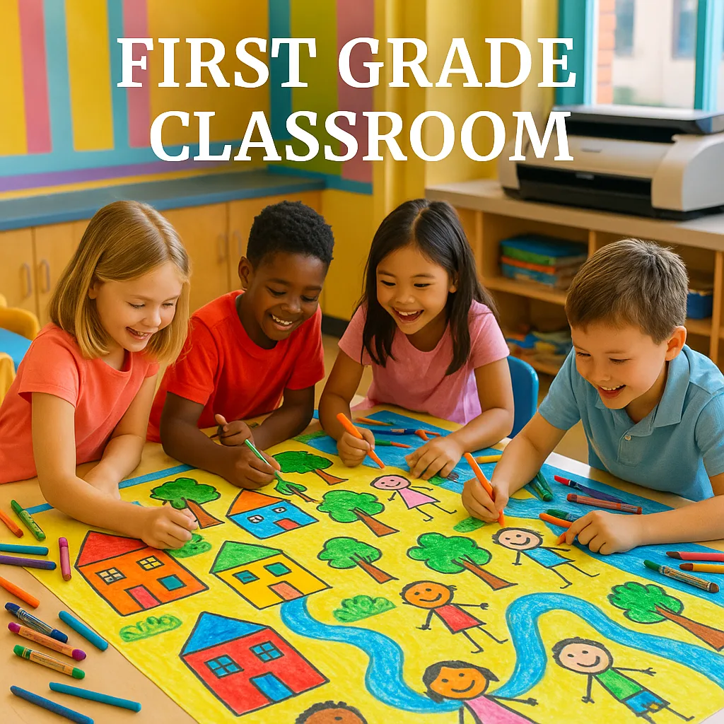 A bright, cheerful first-grade classroom scene diverse young students (ages 6-7) working together on a large collaborative mural spread across tables. The mural shows a colorful community scene