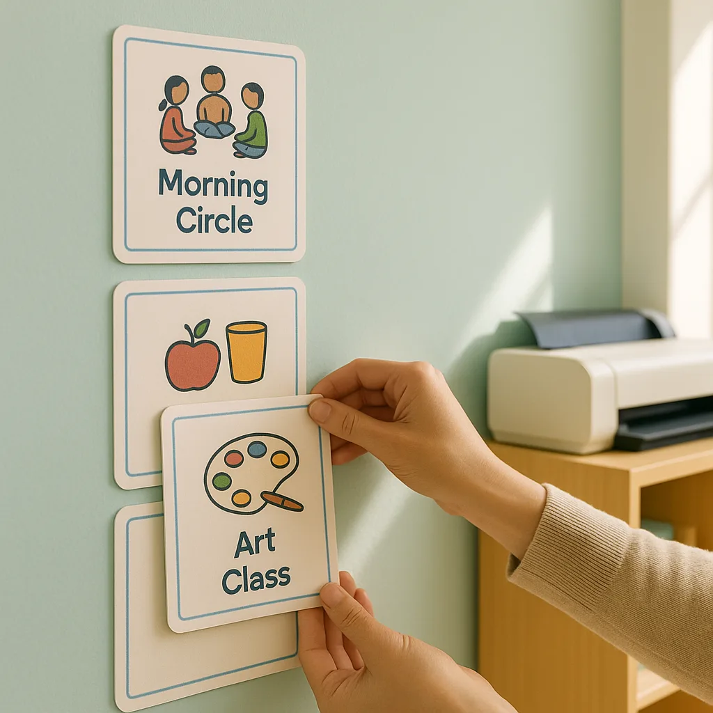 A calming, photograph a teacher's hands arranging colorful visual schedule cards on a soft mint green wall. The cards should display simple, clear icons for daily activities like "Morning Circle,"