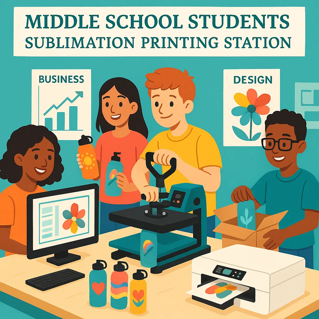A vibrant, illustration using Merriweather font a diverse group of middle school students (ages 11-14) working together in a classroom sublimation printing station. Include a sublimation printer,