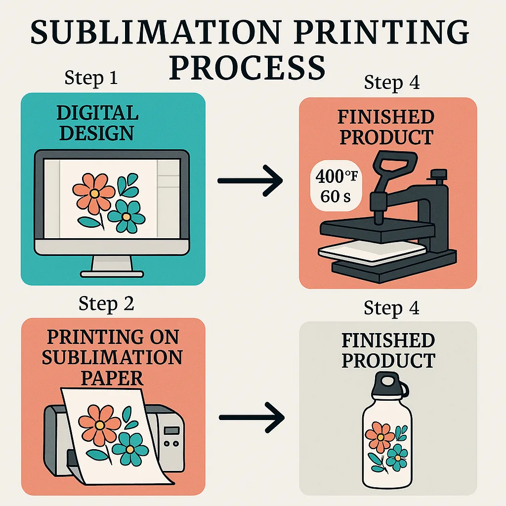 Design a bright, educational infographic using Merriweather font the sublimation printing process in 4 clear steps. Step 1: Digital design on computer screen, Step 2: Printing on sublimation Design a bright, educational infographic using Merriweather font the sublimation printing process in 4 clear steps. Step 1: Digital design on computer screen, Step 2: Printing on sublimation