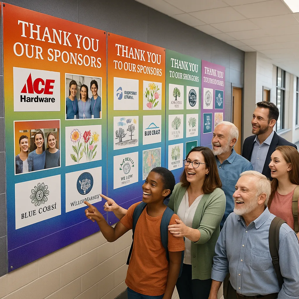 A bright, school hallway a large, colorful sponsor recognition wall created a poster maker machine. The wall displays multiple thank-you posters in rainbow gradients, local business logos,