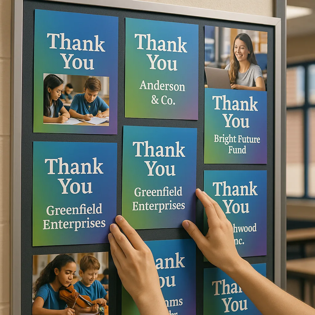 A close-up view of hands arranging thank-you posters on a display board in a school setting. The posters feature bright, gradient backgrounds transitioning from blue to green to purple, clear A close-up view of hands arranging thank-you posters on a display board in a school setting. The posters feature bright, gradient backgrounds transitioning from blue to green to purple, clear