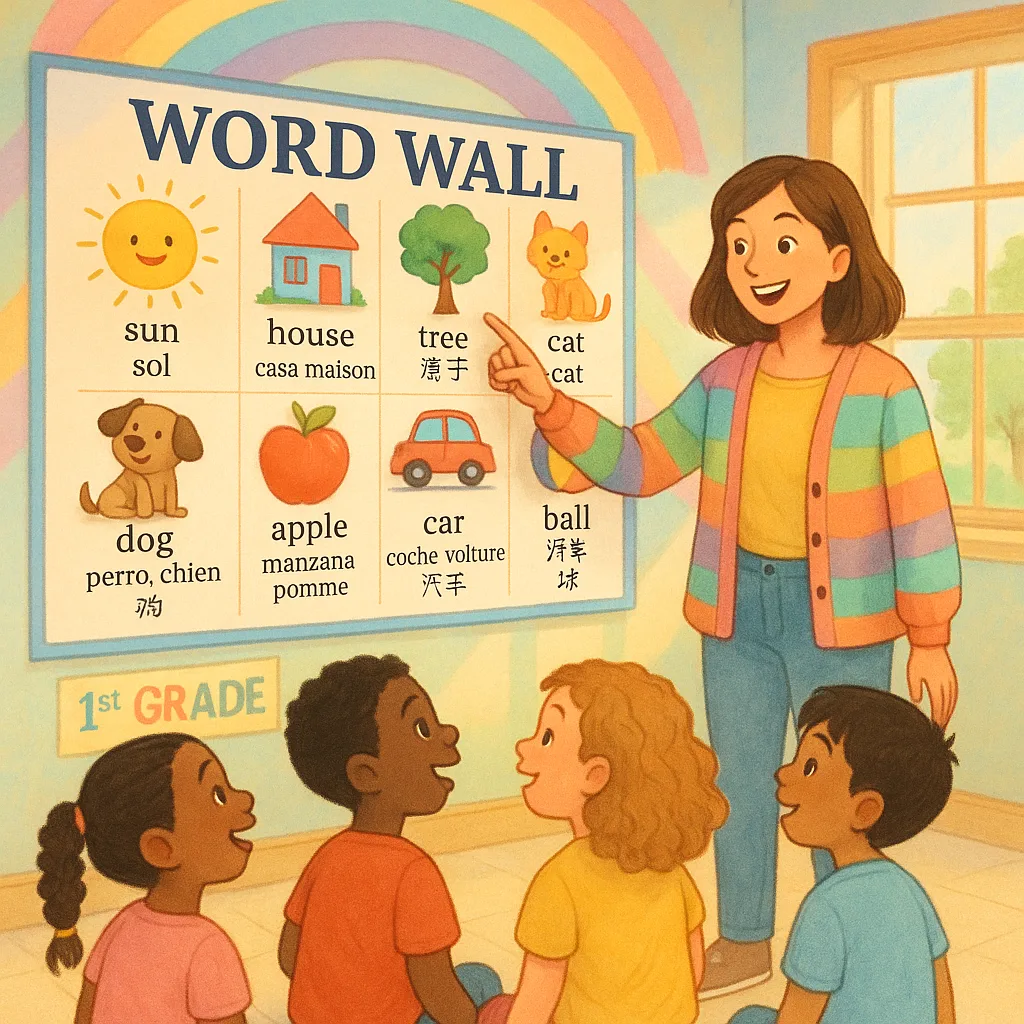 A bright, cheerful classroom scene a first-grade teacher (young woman shoulder-length brown hair, wearing a colorful cardigan) pointing excitedly at a multilingual word wall. The wall displays