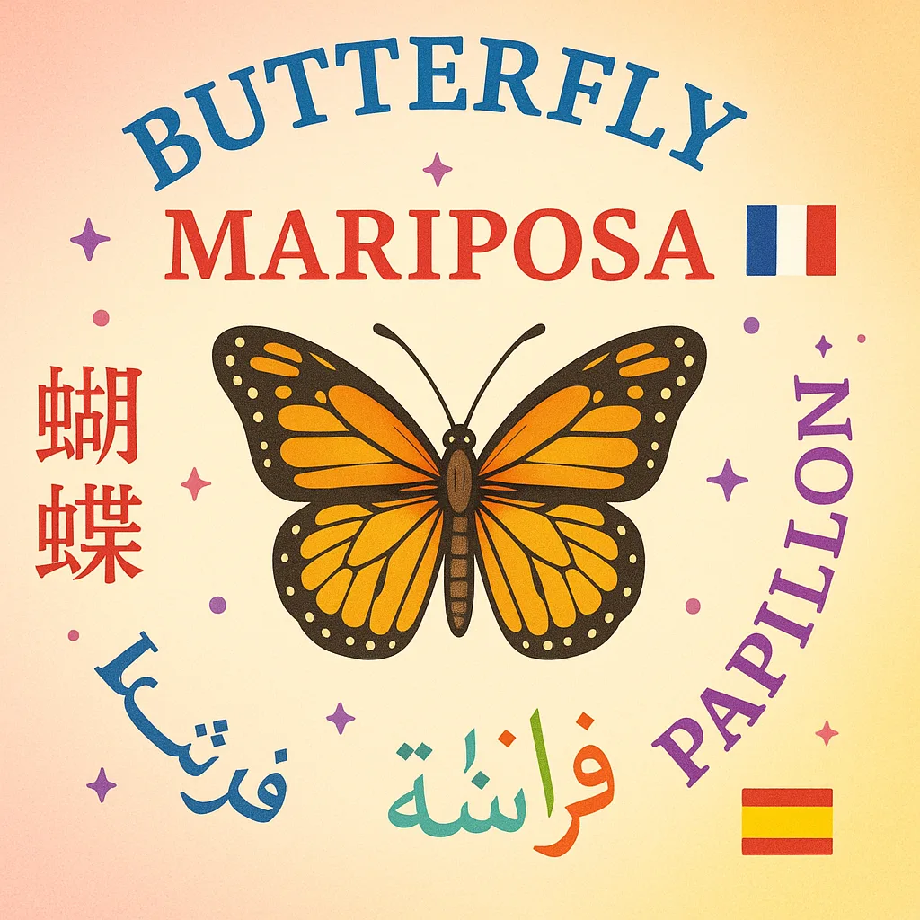 Design a close-up view of a colorful multilingual word wall section the word “butterfly” in 5 different languages (English, Spanish, French, Mandarin characters, and Arabic) arranged in a circular Design a close-up view of a colorful multilingual word wall section the word "butterfly" in 5 different languages (English, Spanish, French, Mandarin characters, and Arabic) arranged in a circular