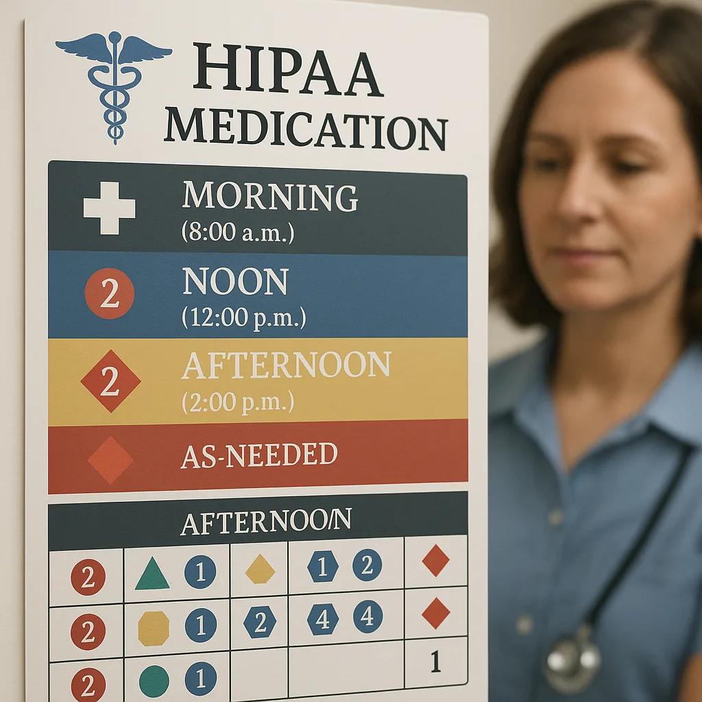A close-up view of a HIPAA-compliant medication tracking board created a poster maker, an innovative coded system using shapes, colors, and numbers instead of student names. Display morning, noon, A close-up view of a HIPAA-compliant medication tracking board created a poster maker, an innovative coded system using shapes, colors, and numbers instead of student names. Display morning, noon,
