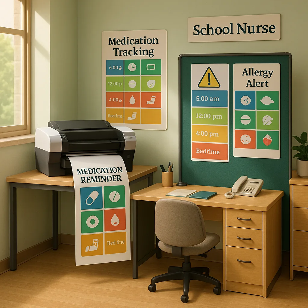 A warm, school nurse's office a poster maker printer creating colorful but privacy-conscious visual medication reminder boards. The scene shows coded reminder systems symbols instead of names,