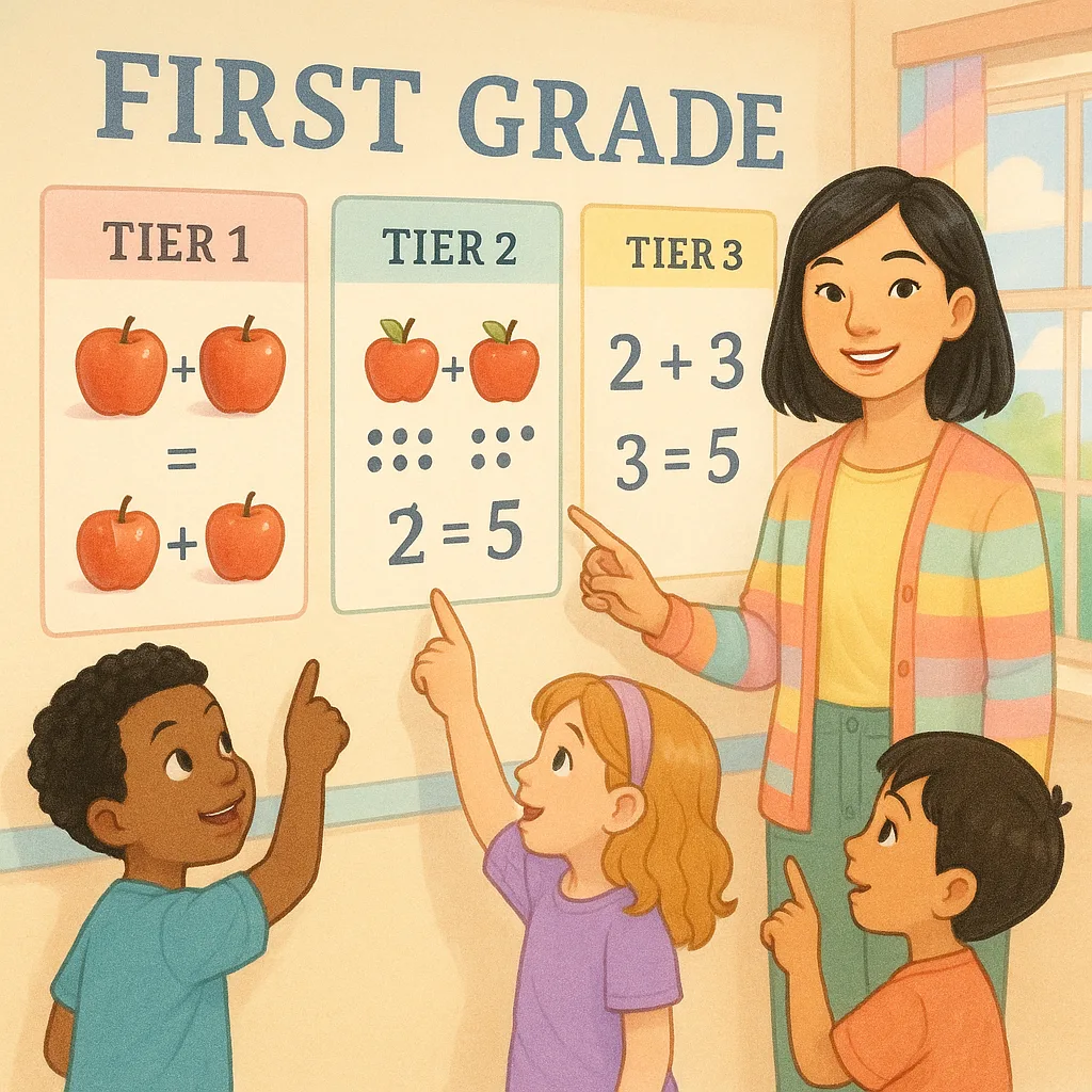 A bright, cheerful classroom scene using Merriweather font a first-grade teacher (young Asian woman shoulder-length black hair wearing a colorful cardigan) standing next to a wall display of three