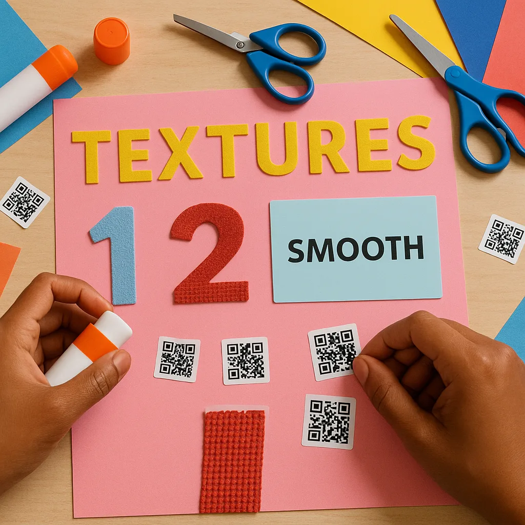 Design a close-up view using Merriweather font of hands creating a multi-sensory poster different textures glued on – sandpaper letters, fabric numbers, and smooth laminated sections. Show craft Design a close-up view using Merriweather font of hands creating a multi-sensory poster different textures glued on - sandpaper letters, fabric numbers, and smooth laminated sections. Show craft