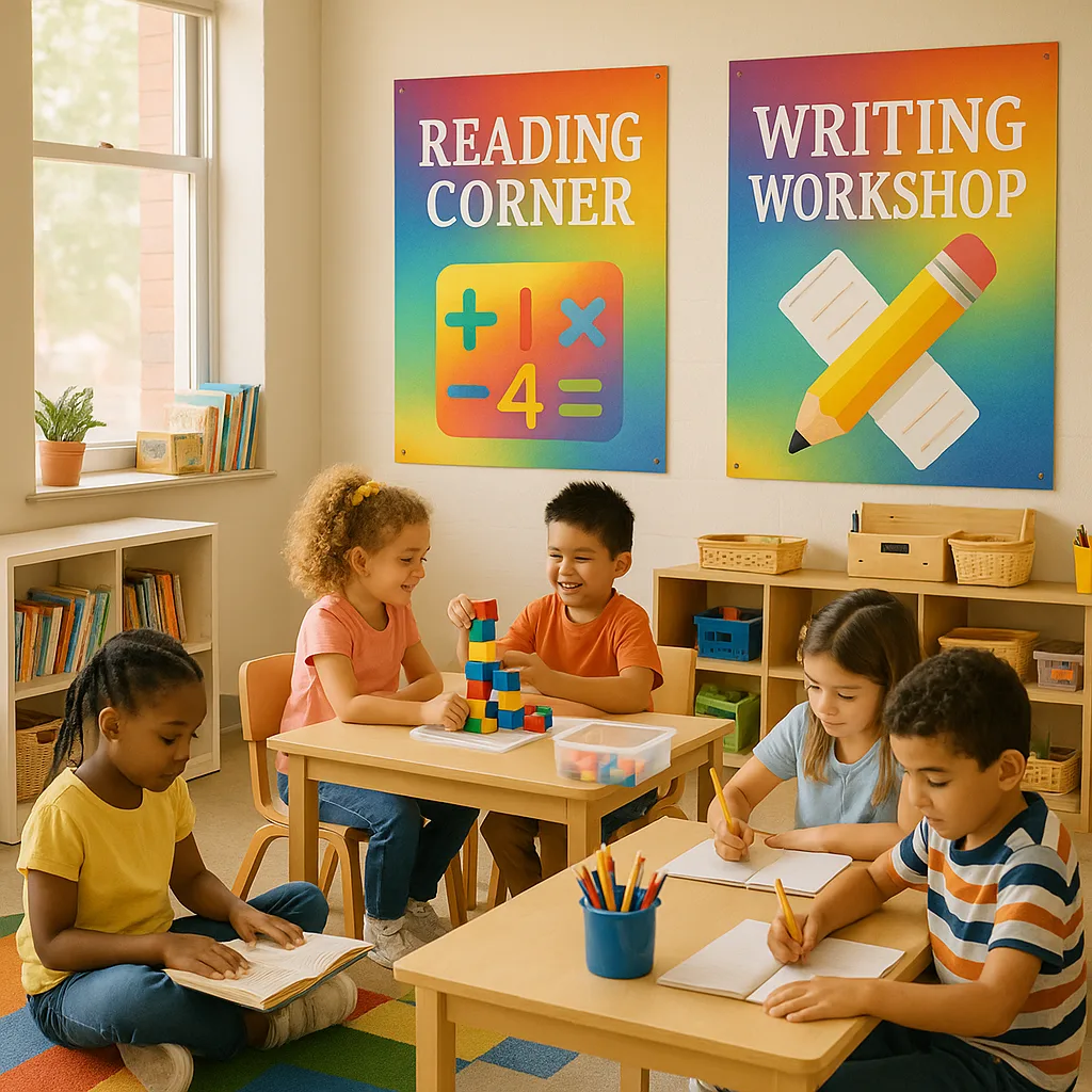 A bright, cheerful first-grade classroom multiple learning stations colorful poster headers. Each station has a large, poster sign station names like "Reading Corner," "Math Magic," and "Writing