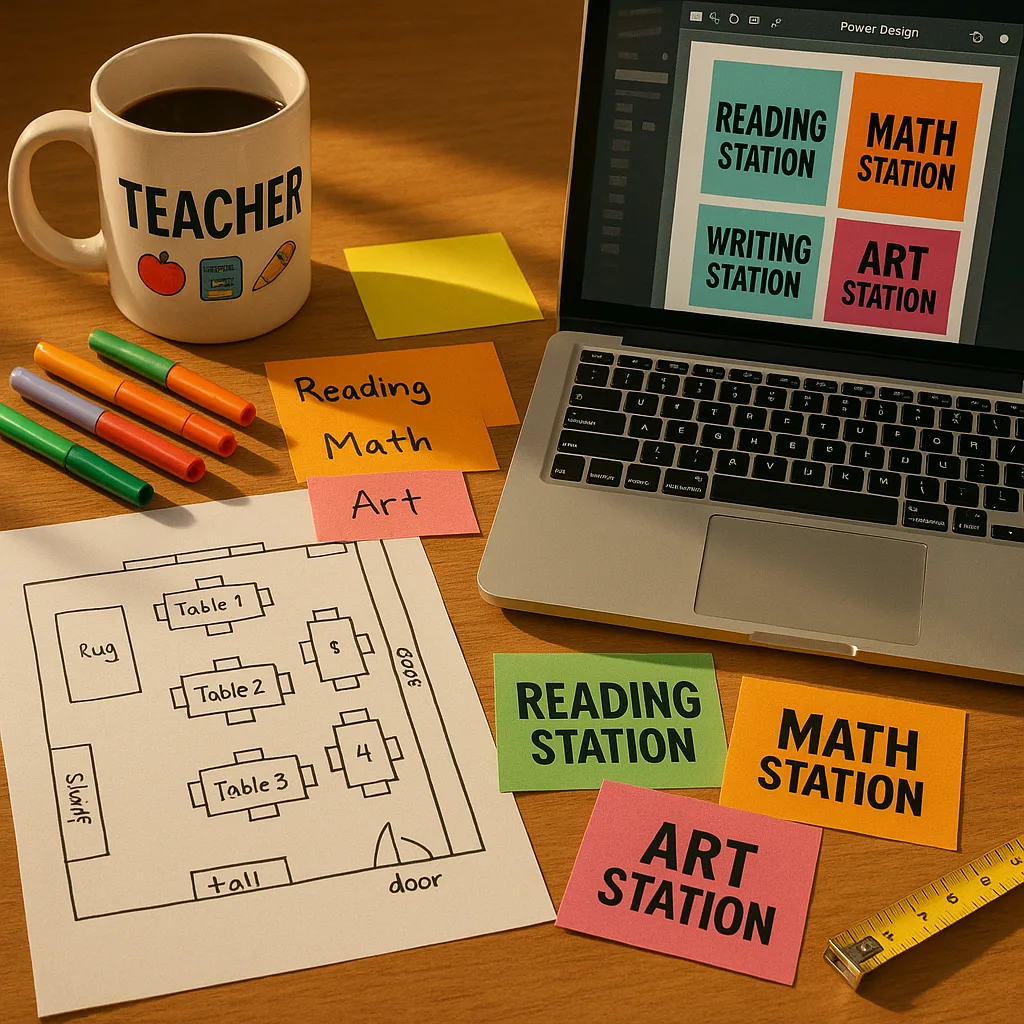 A close-up view of a teacher's planning desk a classroom floor plan sketch, colorful markers, sticky notes station ideas, and a laptop poster design software. Include a coffee mug a teacher-themed