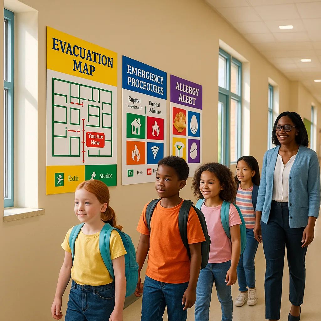 A bright, school hallway scene using Merriweather font. Show a elementary school corridor safety posters on the walls colorful evacuation maps clear "You Are Here" markers, multilingual emergency