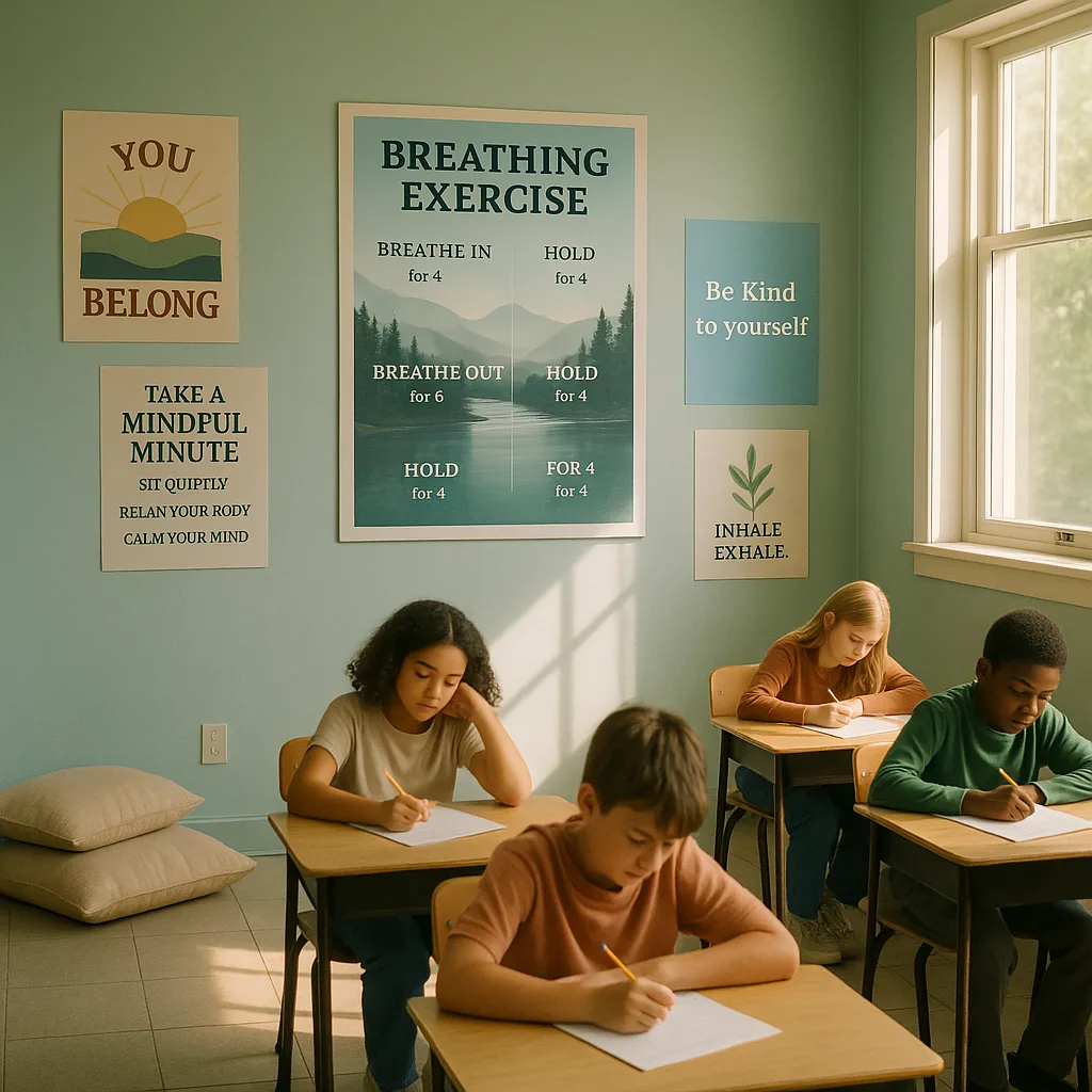 A serene classroom testing environment soft blue-green walls multiple calming posters visible. Show students at desks in a relaxed posture a large breathing exercise poster prominently displayed a