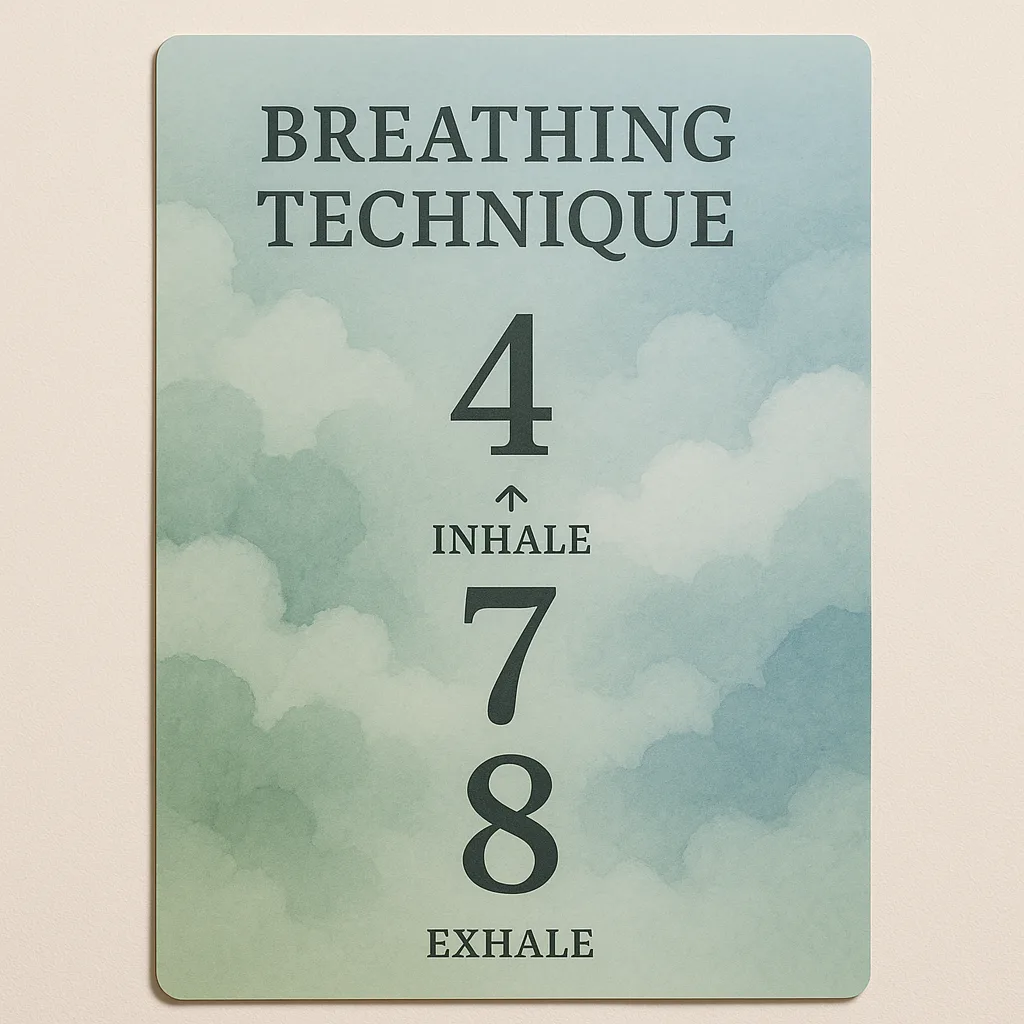 Design a close-up view of a beautifully designed meditation poster a gradient from soft sage green to sky blue. The poster should display a simple breathing technique diagram large, easy-to-read