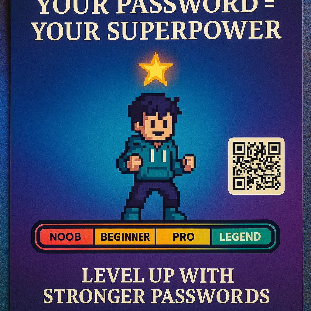 A close-up shot of a professionally designed digital citizenship poster a gaming-themed password security campaign. The poster shows a character leveling up stronger passwords, using neon colors, A close-up shot of a professionally designed digital citizenship poster a gaming-themed password security campaign. The poster shows a character leveling up stronger passwords, using neon colors,