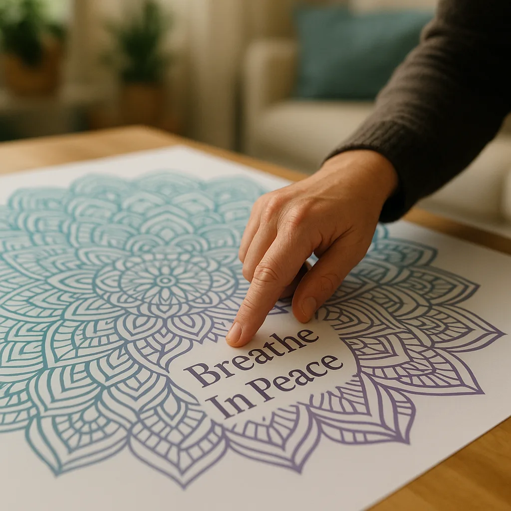 A close-up view of a teacher’s hand tracing a printed mandala pattern on a large poster during a mindfulness break. The poster features intricate geometric designs in gradient colors from teal to A close-up view of a teacher's hand tracing a printed mandala pattern on a large poster during a mindfulness break. The poster features intricate geometric designs in gradient colors from teal to