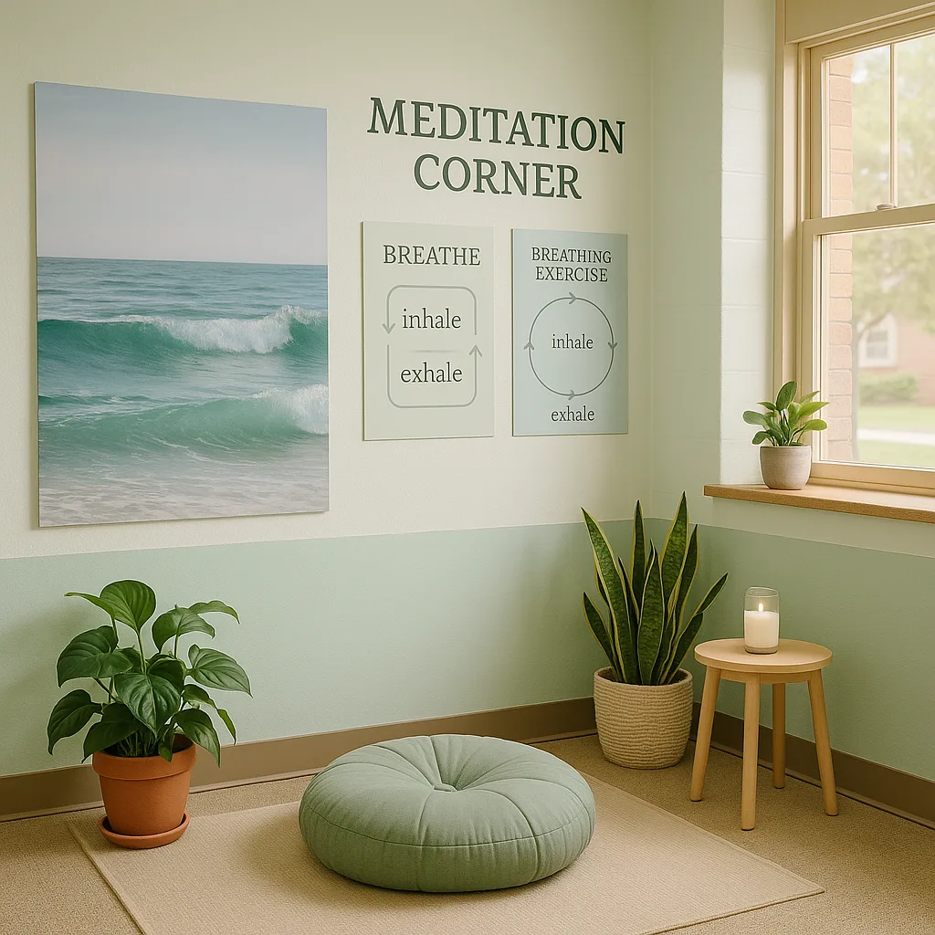 A serene meditation corner in a school setting a comfortable cushion on the floor, soft natural lighting filtering through a window, and large calming nature posters on the walls ocean waves and