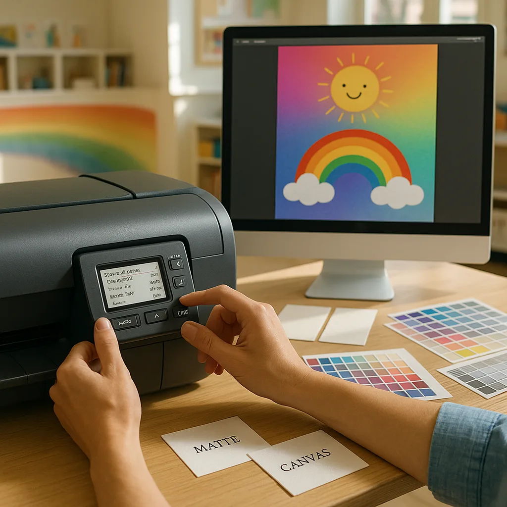 Close-up view of hands carefully adjusting print settings on a poster maker machine control panel, a computer screen a student’s digital artwork ready to print. Various paper samples (glossy, Close-up view of hands carefully adjusting print settings on a poster maker machine control panel, a computer screen a student's digital artwork ready to print. Various paper samples (glossy,